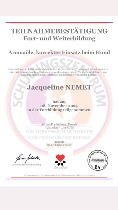 Teilnahmebestätigung - Aromaöle, korrekter einsatz beim Hund