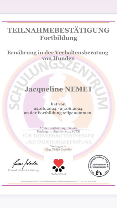 Teilnahmebestätigung - Ernährung in der Verhaltensberatung von Hunden