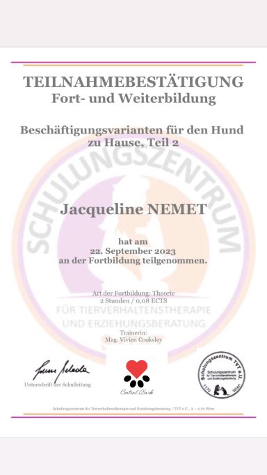 Teilnahmebestätigung - Beschäftigungsvarianten für den Hund teil 2